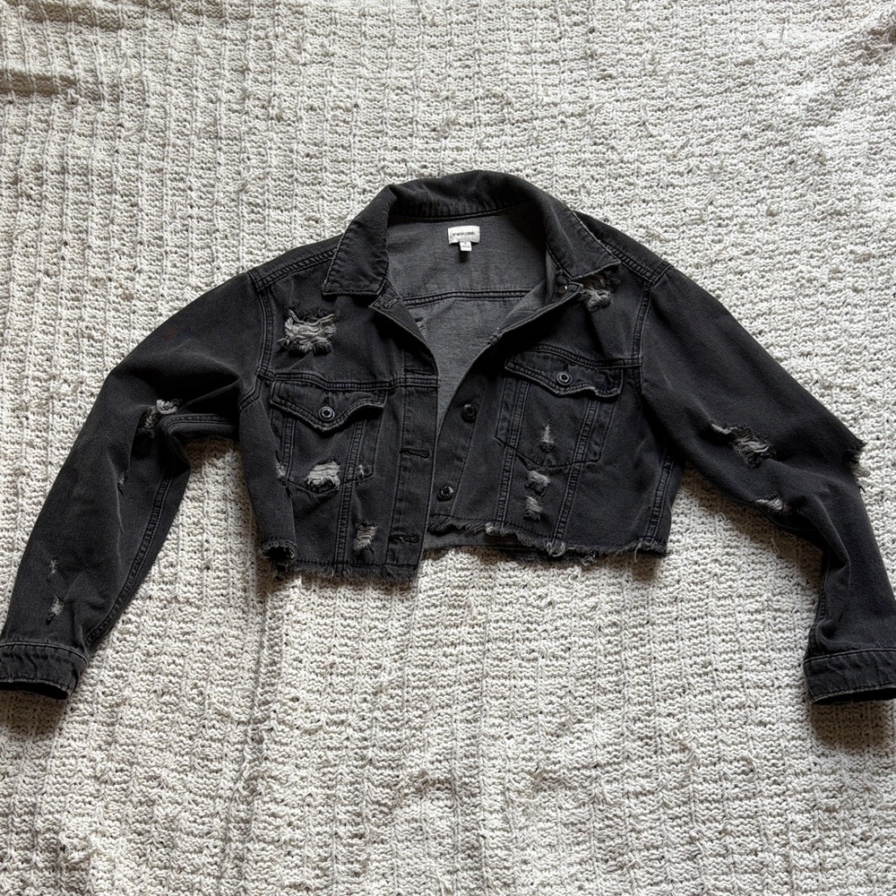 Cropped Distressed Black Denim Jacket
